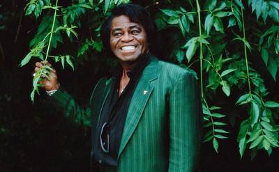 James Brown wearing a green striped suit in a garden.