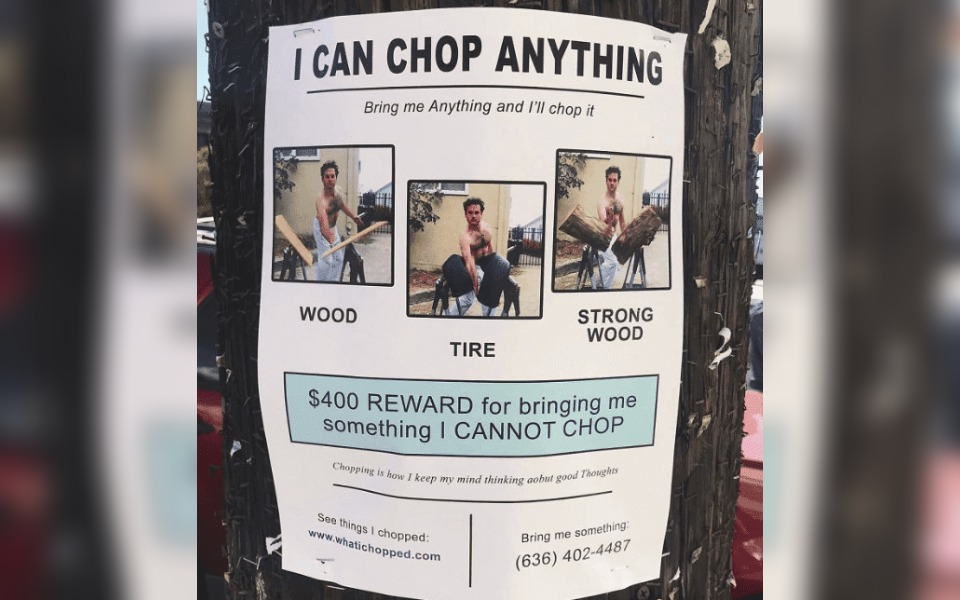 A street poster saying "I Can Chop Anyting"