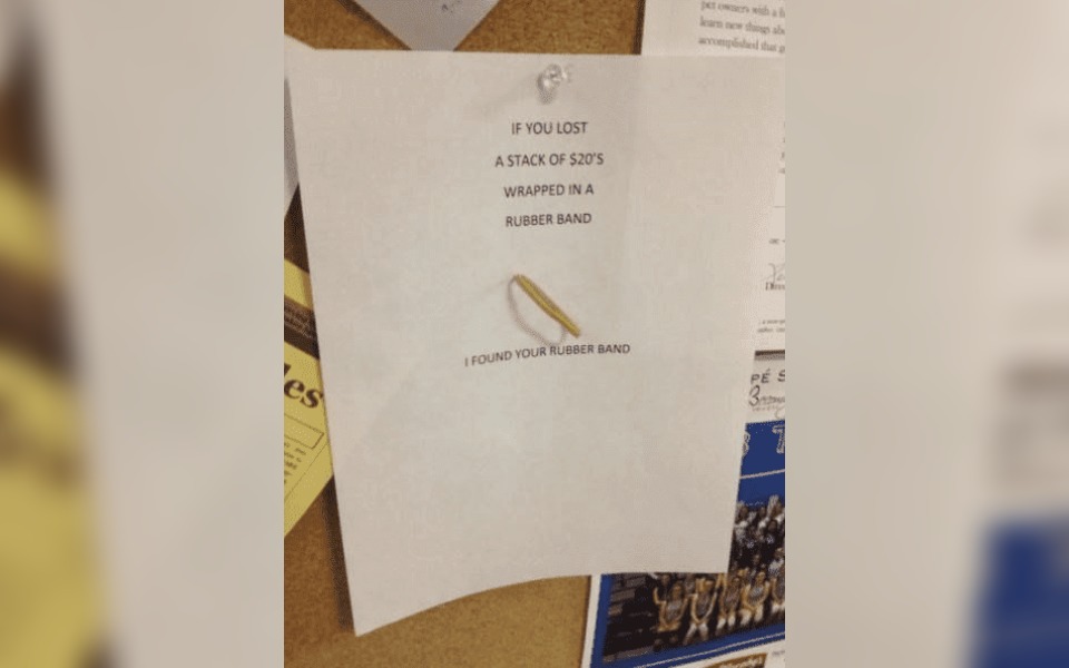 A poster saying "found rubber band"