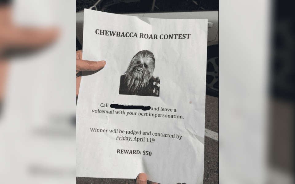 A street poster that reads "looking for Chewbacca"