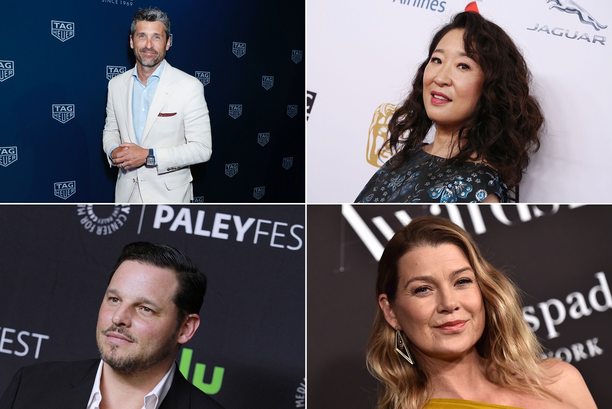 Ellen Pompeo at the InStyle Awards 2019. / Patrick Dempsey at a celebration in New York. / Sandra Oh at BAFTA LA TV Tea Party in 2019. / Justin Champers at a Grey’s Anatomy presentation in LA.