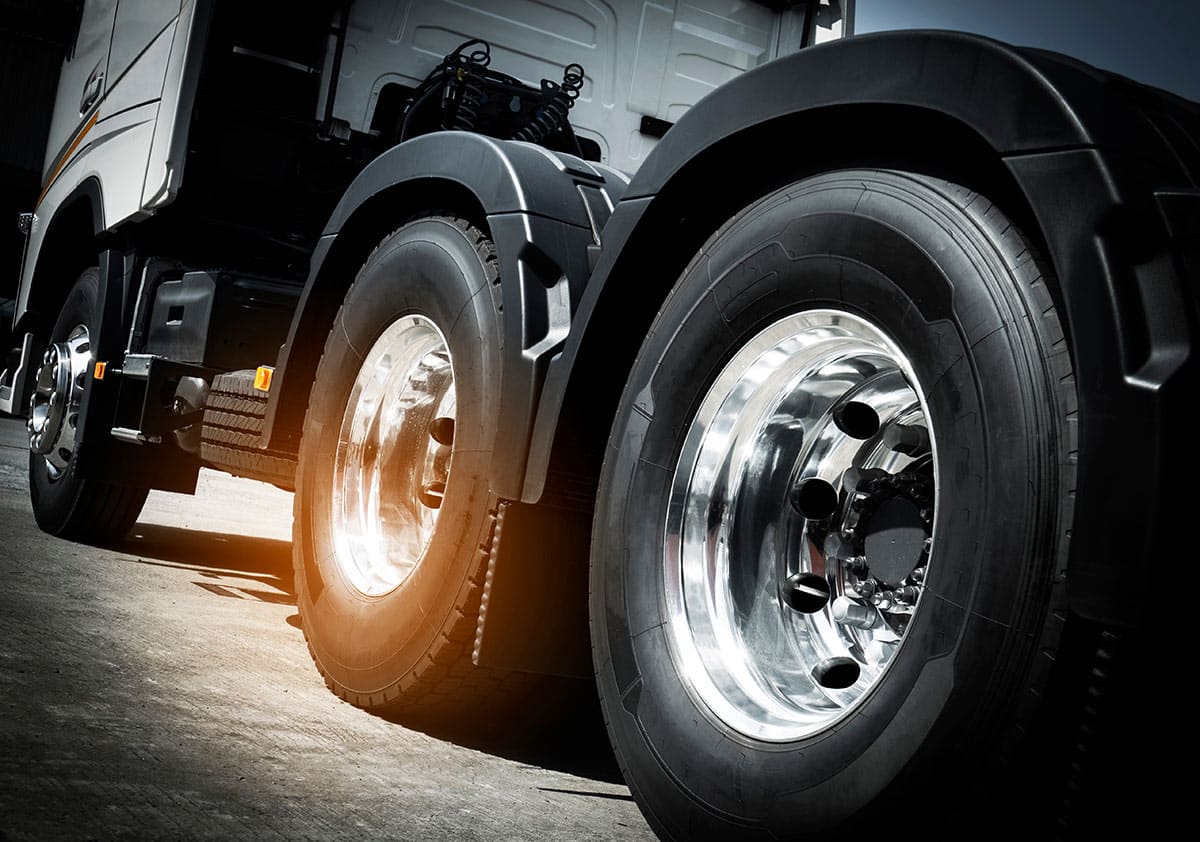 close up on truck tire, wheel of semi-truck