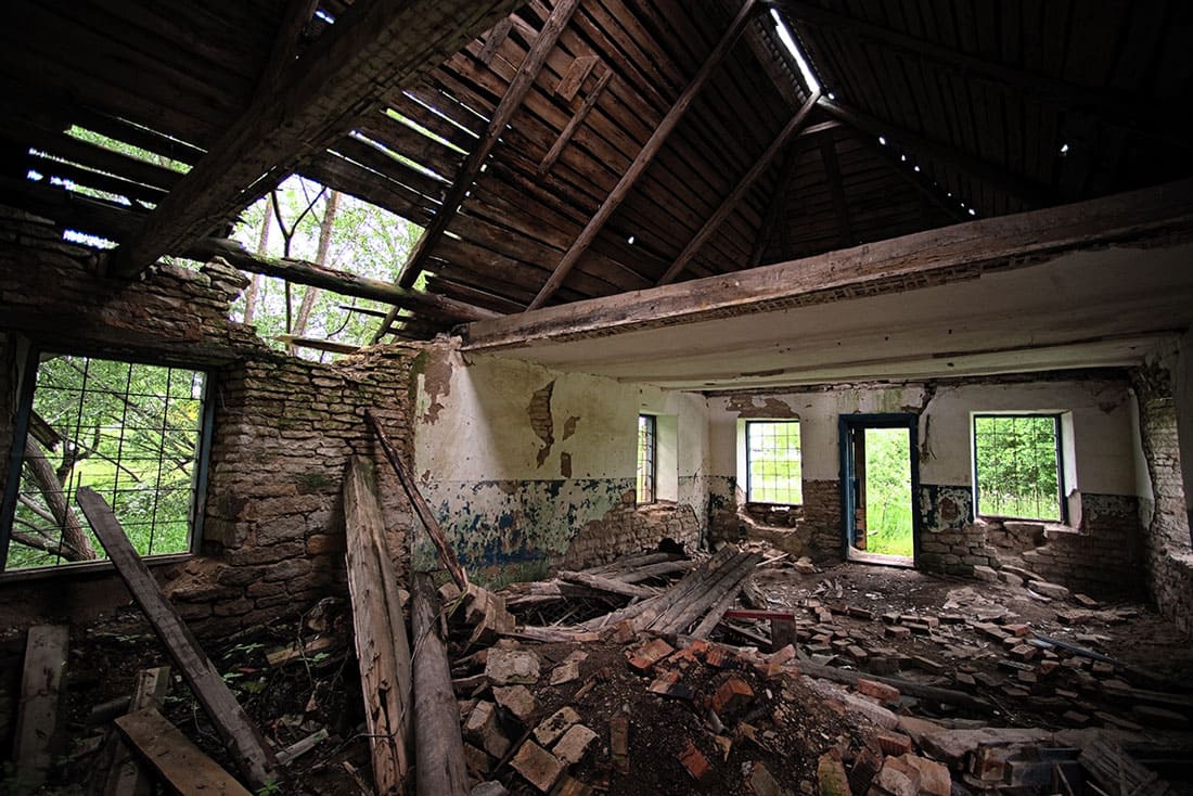 Old ruined abandoned house view from the inside