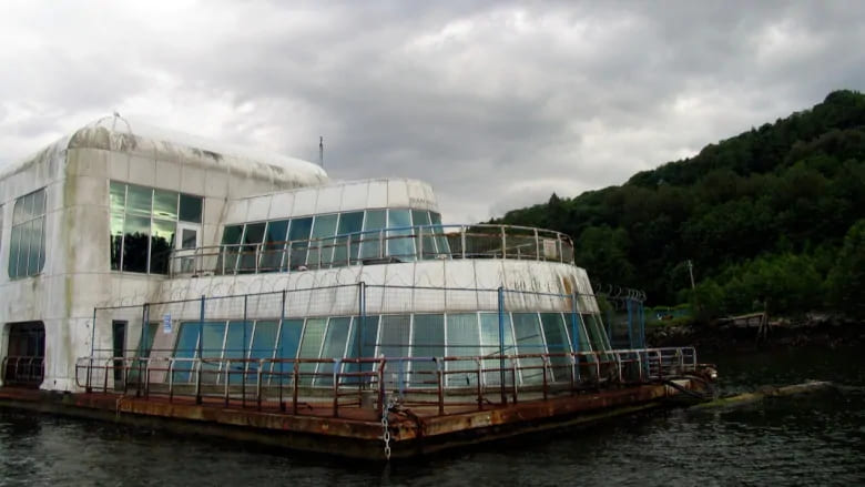 Expo 86's McBarge tied up in Burrard Inlet. 