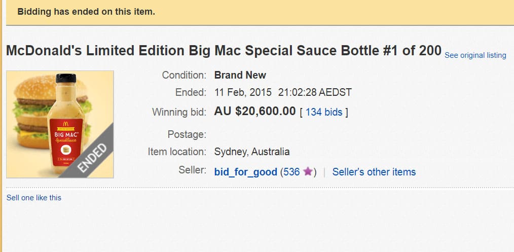 This is the special big mac sauce on eBay which sold for AU $20,600. 