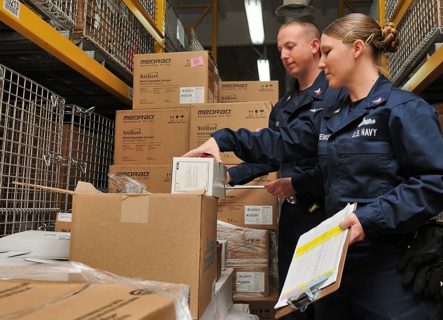 Organizing supplies on an aircraft carrier