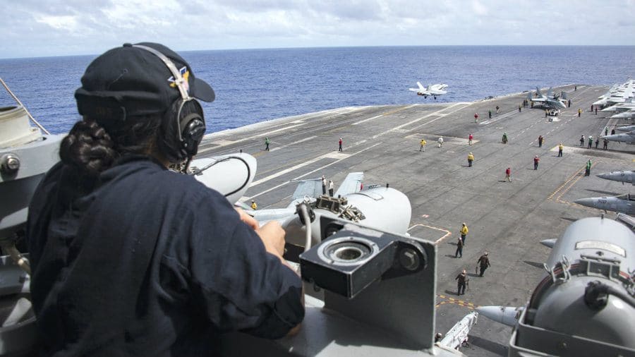 Viewing the deck on an aircraft carrier