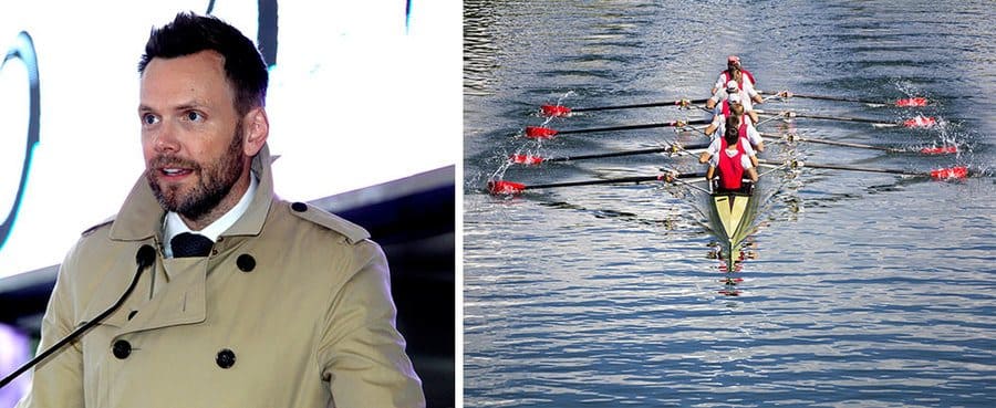 Photograph of Joel McHale at a star ceremony on the Hollywood Walk of Fame. / Photograph of a rowing team on a lake. 