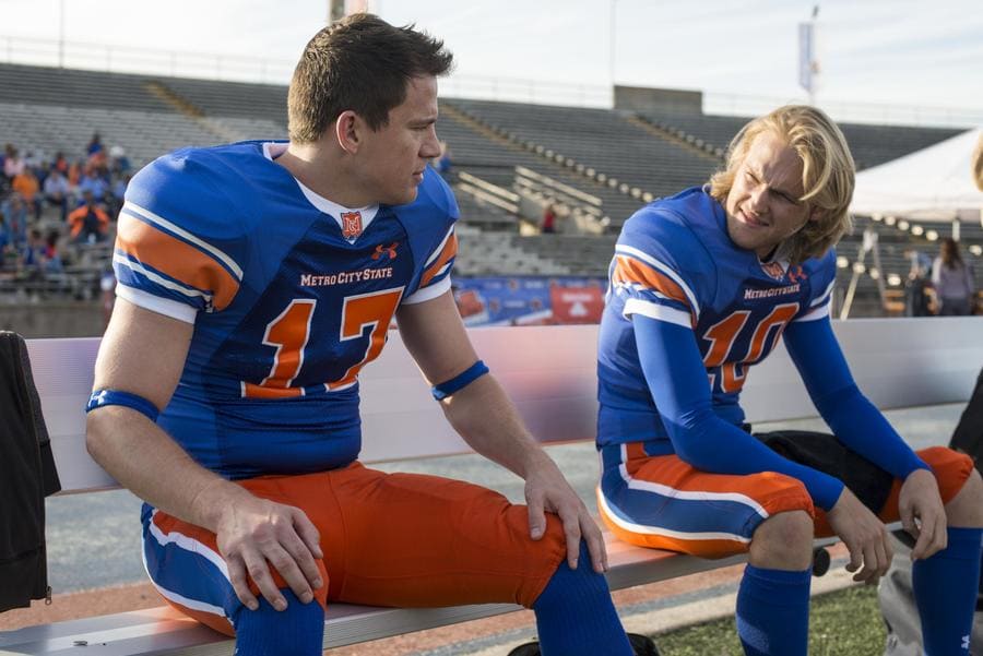 Photograph of Channing Tatum playing a football player in the movie sequel 22 Jump Street. 