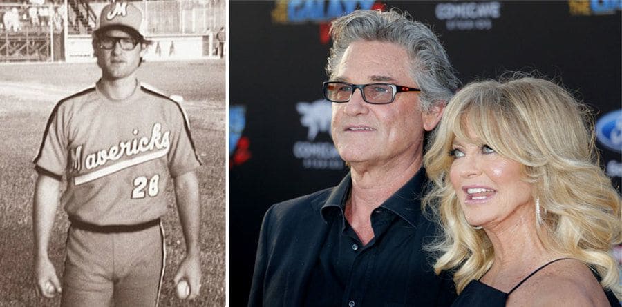 Photograph of Kurt Russell in a Mavericks uniform. / Goldie Hawn and Kurt Russell at a movie premiere in Hollywood.