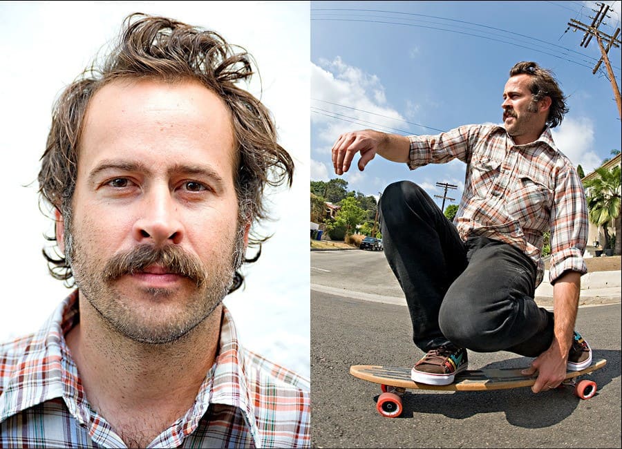 A portrait of Jason Lee and him on a skateboard on the right. 