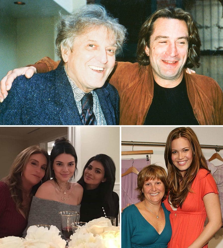 Robert De Nero and his father Robert De Nero Sr. / Caitlyn, Kendall, and Kylie Jenner at Thanksgiving dinner. / Mandy Moore and her mother standing in front of clothing hung up.