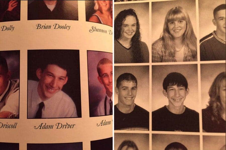 Adam Drivers Yearbook photo with some classmate’s photos surrounding. / Adam Drivers yearbook photo with a button-down shirt and a tie.