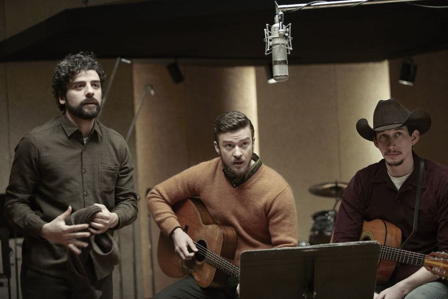 Adam Driver, Justin Timberlake, and Oscar Issac are performing in a recording studio in the film called Inside Llewyn David.