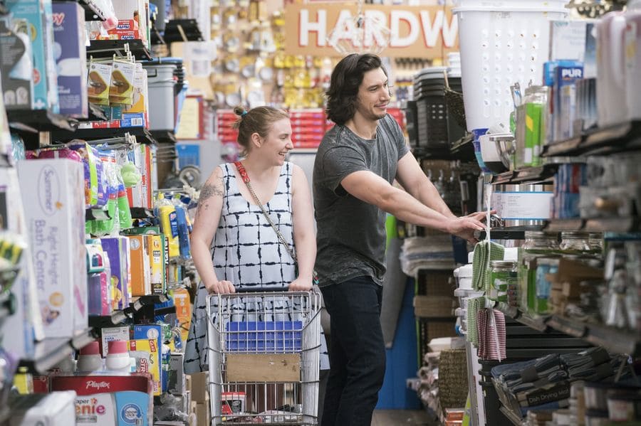 Lena and Adam are walking around a hardware store picking stuff out on the set of Girls.