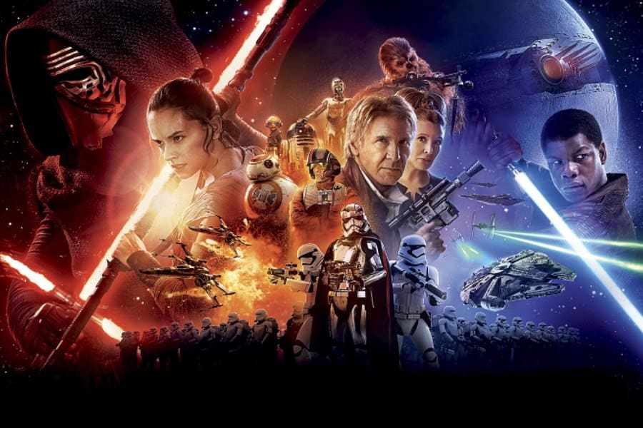 The main cast of Star Wars: The Force Awakens, all in character.