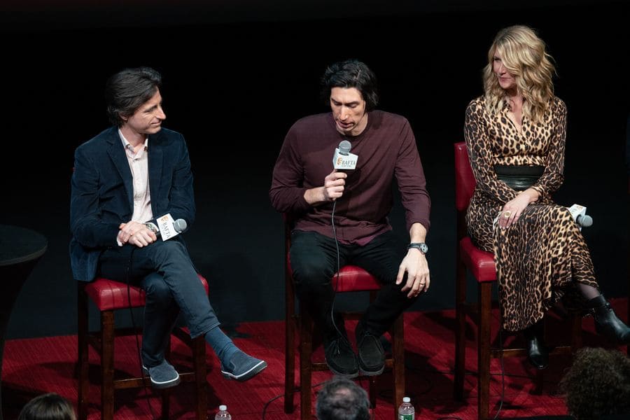 Noah Baumbach, Adam Driver, and Laura Dern answering questions at the film screening of Marriage Story in New York.