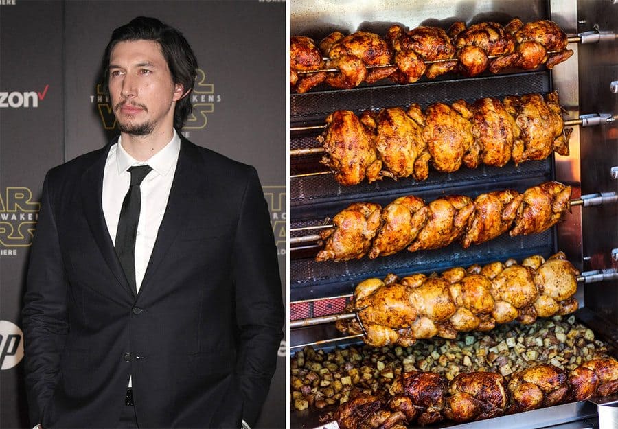 Adam Driver at a movie premiere in Los Angeles. / Four rows of Rotisserie chickens cooking with potatoes underneath.