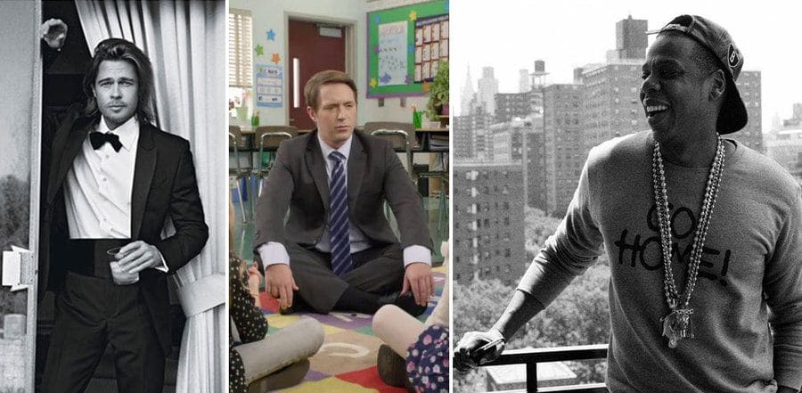 Brad Pitt in the Chanel No. 5 commercial. / Beck Bennett sitting in a circle with kids in a classroom. / Jay Z standing on a porch with a nice building view behind him.