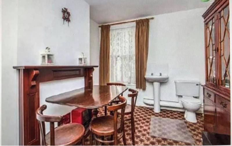 A toilet seat in the living room
