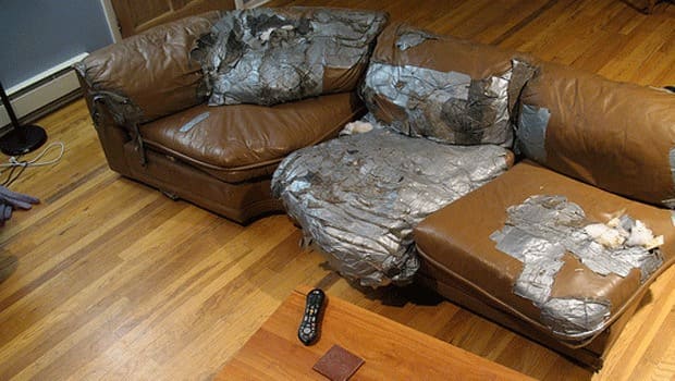 couches with duct tape all over them
