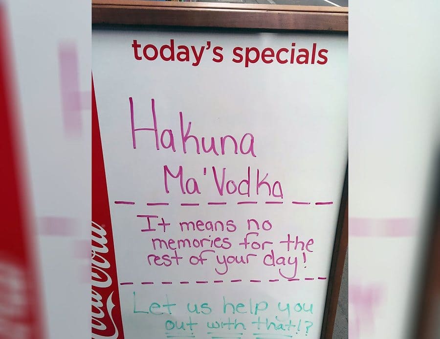 Clever bar sign promoting their special vodka drink 