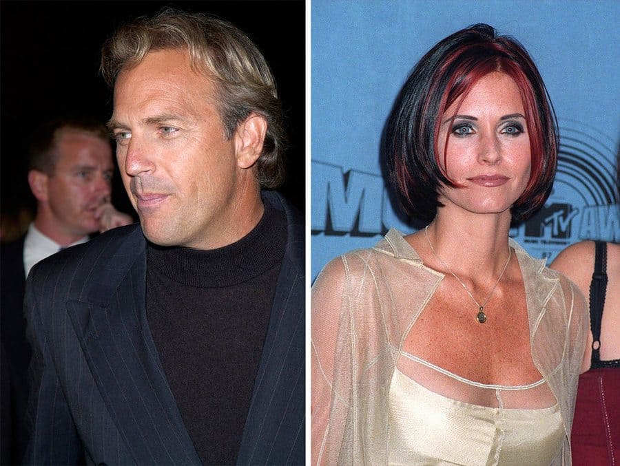 Side by side photos of Kevin Costner and Courtney Cox