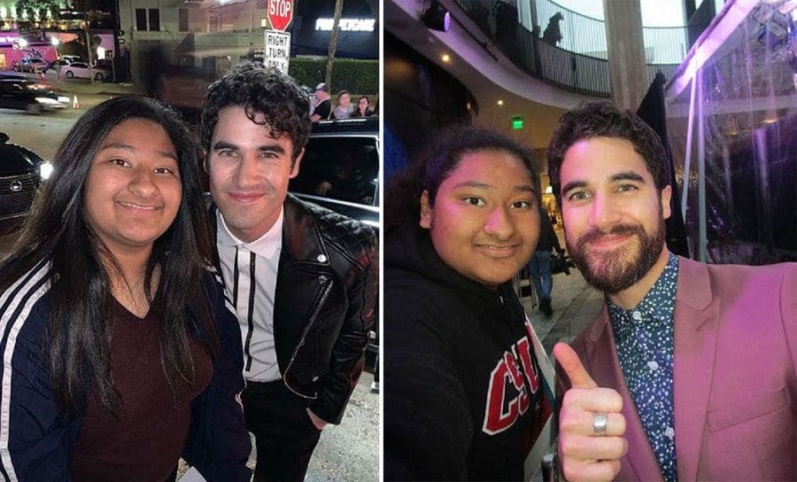 Darren and Marlen are posing in the street in front of a black town car. / Darren is with his thumb up, and Marlen is posing in the theater.