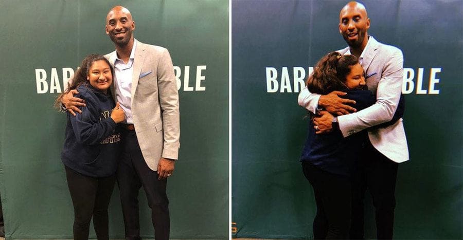 Kobe Bryant and Marlen are posing together. / Kobe Bryant and Marlen are embracing in a hug.