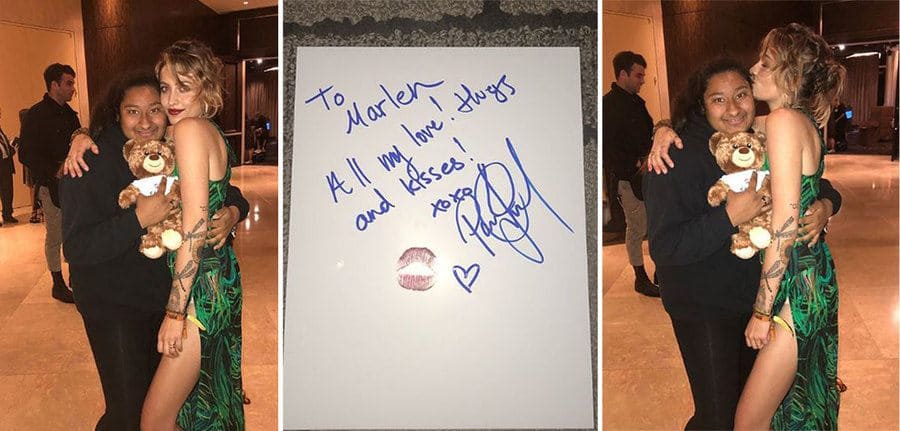 Paris Jackson and Marlen posing are with a Teddy Bear. / The autograph with ‘To Marlen, All my love! Hugs and kisses! Xoxo Paris Jackson’ written on it, and a heart and lips next to her signature. / Paris Jackson and Marlen are posing with a Teddy Bear and hugging.