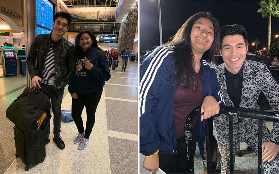 Henry and Marlen are standing at the airport entrance with his suitcases. / Marlen and Henry are posing outside of an event, Henry in a grey and black patterned suit.