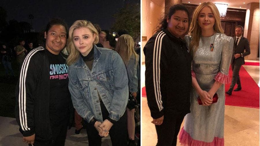 Chloe G Moretz and Marlen Orozco are posing in a denim jacket. / Chloe Moretz dressed in a silver and pink dress and is posing with Marlen.