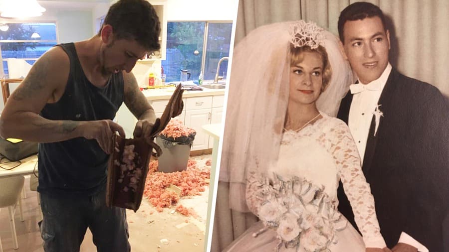 side by side images of a man renovating his kitchen and a vintage wedding photo of a married couple