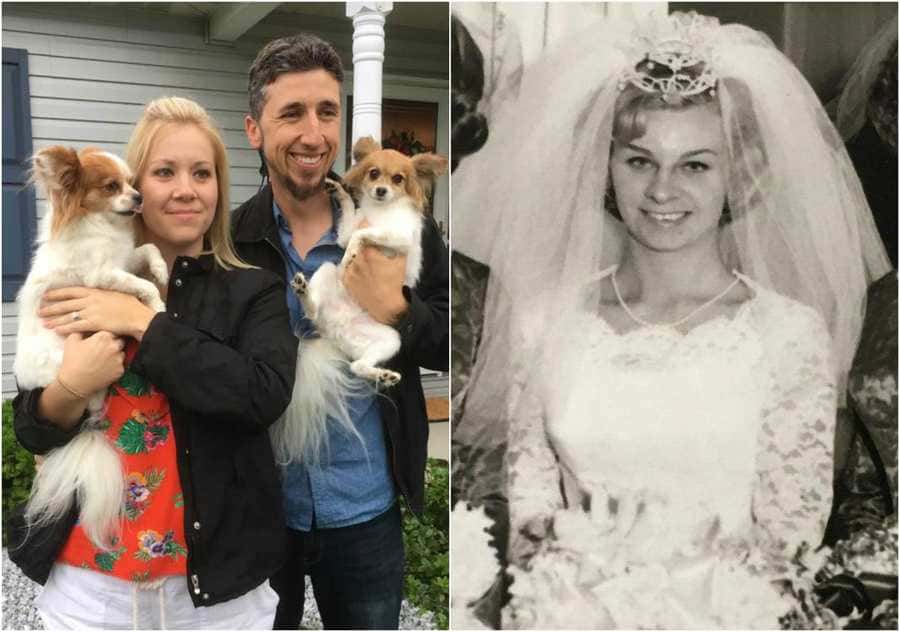Megan Kapsidis holding up the wedding album