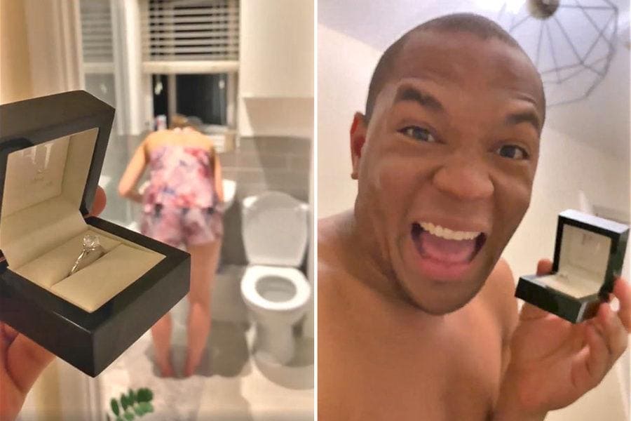 The engagement ring behind Cally’s back while she brushes her teeth in the bathroom, and Edi, on the right side, holding the ring with a very excited look on his face.