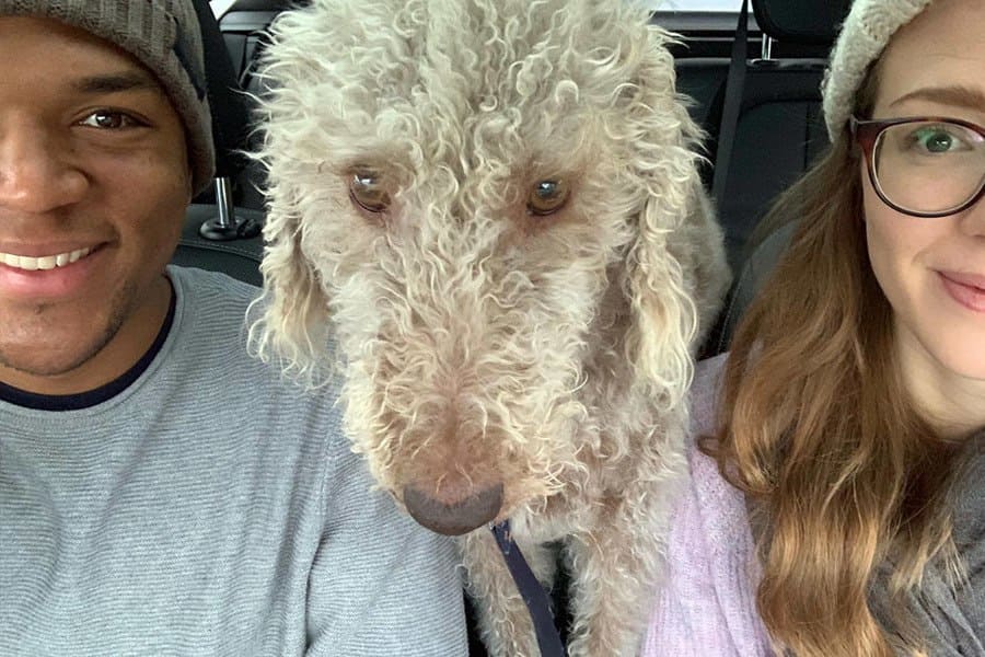 Cally and Edi in the front seat of their car with a large fluffy white dog sticking his head in between them.