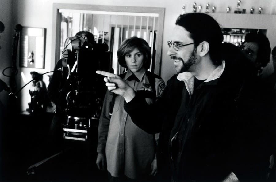 Frances McDormand, Joel Coen on the set of Fargo.