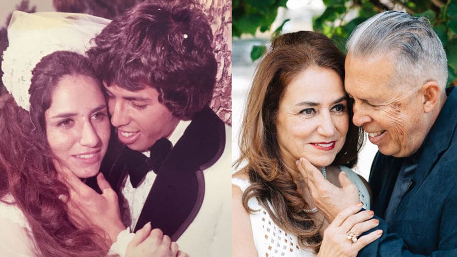 couple recreating their wedding photo