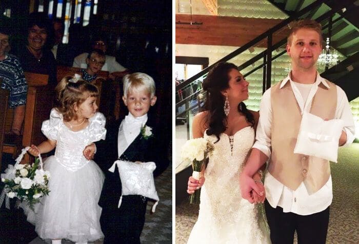 Side by side photos of a couple at a wedding