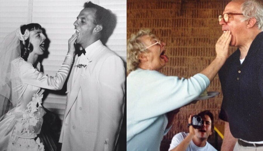 Side by side photos of a bride putting cake into her groom’s mouth