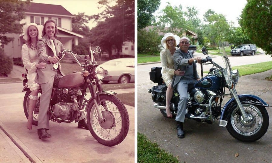 Side by side photos of a couple on a motorcycle