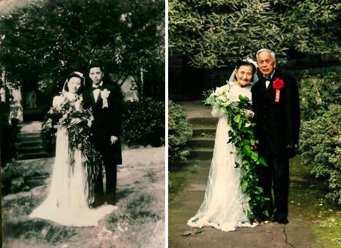 couple recreating their wedding photo