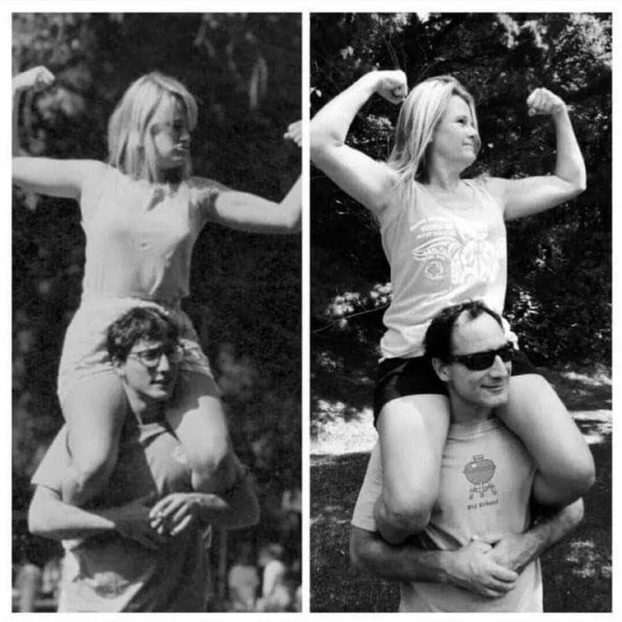 couple recreating their old photo of him holding her on his shoulders