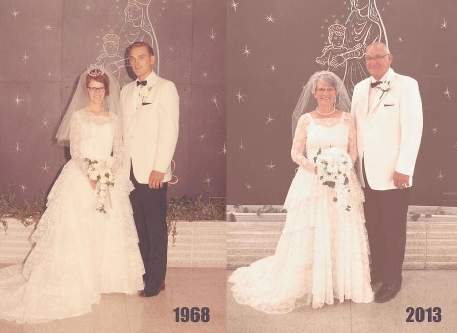 couple recreating their wedding photo