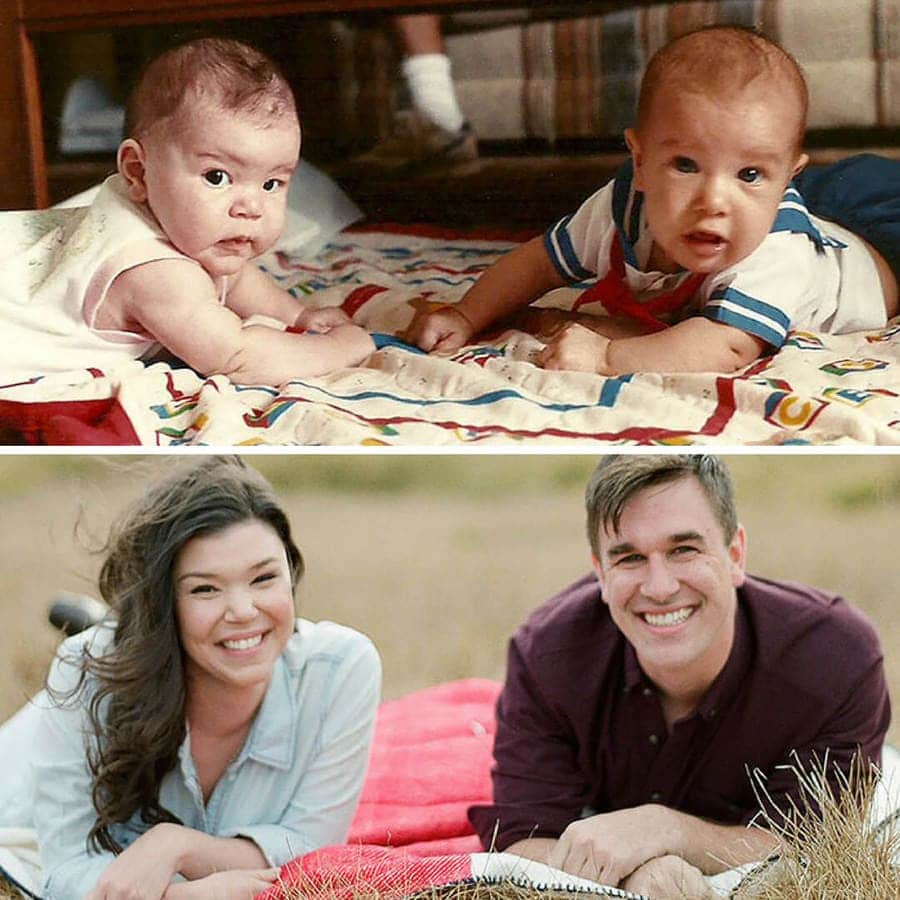 couple recreating their childhood photo together