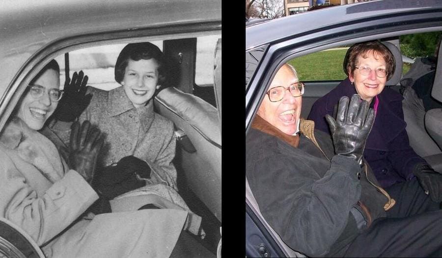 couple recreating their older photo from inside a car