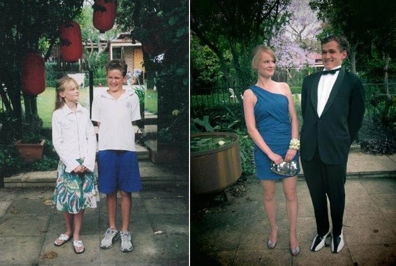 couple recreating their older photo at prom