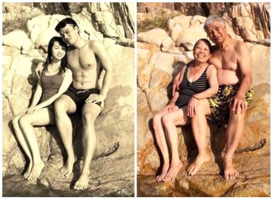 couple recreating their older photo together at the beach