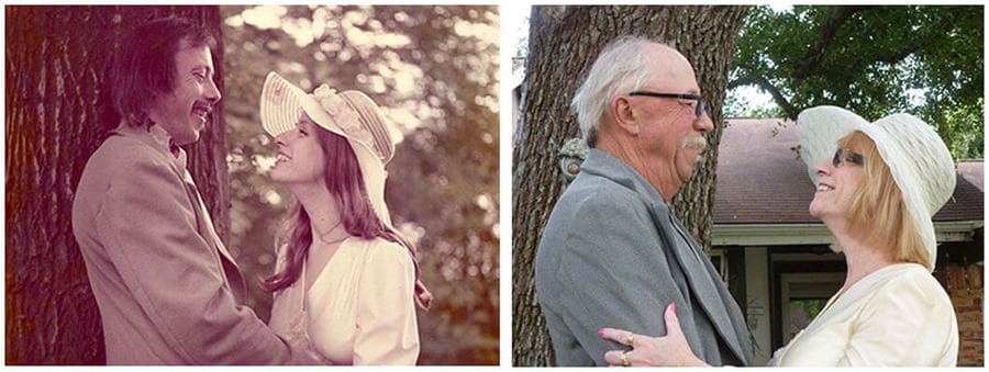 couple recreating their wedding photo