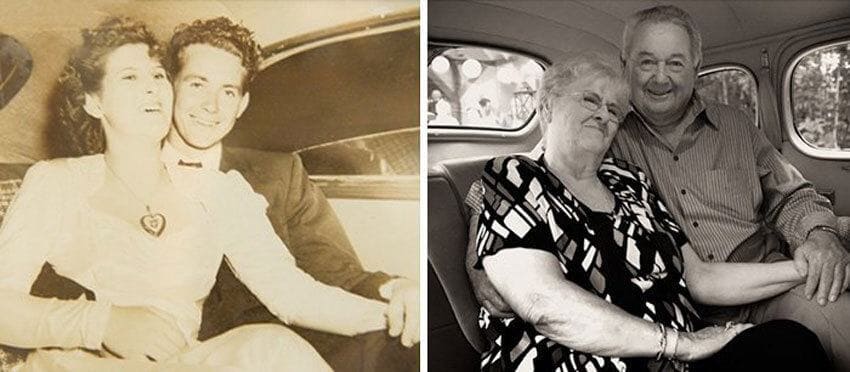couple recreating their older photo together in a car